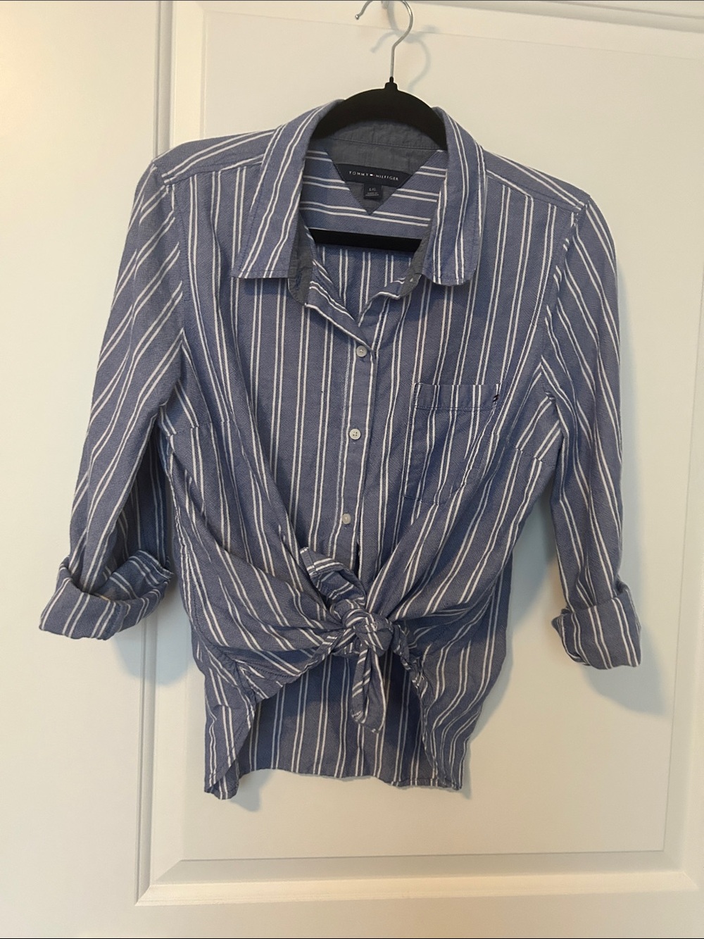 Tommy Hilfiger Blue and White Striped Women's Casual Button Down Shirt